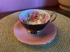 Aynsley Black & Gold Pink Cabbage Rose Bone China Tea Cup & mismatch saucer