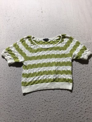 Calligraphie Knit Top Womens M Medium Green White Wavy Textured Short Sleeve