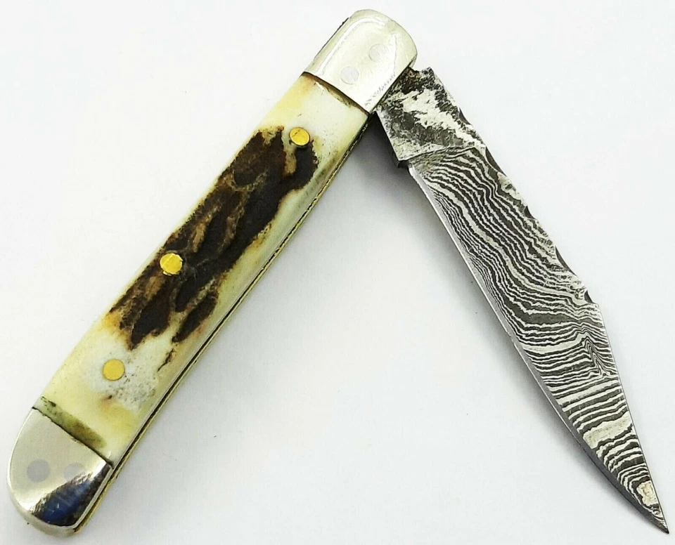 Cuchillo de bolsillo plegable mini trampero de acero Damasco forjado a mano mango de ciervo/cuerna Foto 4 de 4