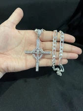 925 Sterling Silver Men CZ Cross Crucifix Jesus Heart Pendant & Figaro Chain 26