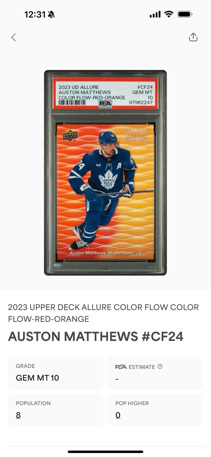 2023 UD Allure - Color Flow Red Orange CF-24 Auston Matthews MVP - POP 8 PSA 10 view 2