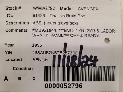 Used ABS Control Module fits: 1996 Dodge Avenger ABS Cpe under glove box Grade A