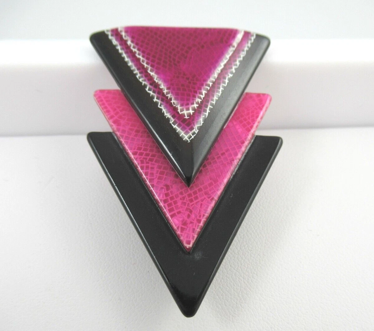 Signed Lea Stein Paris Vintage Pink Black Plastic Geometric