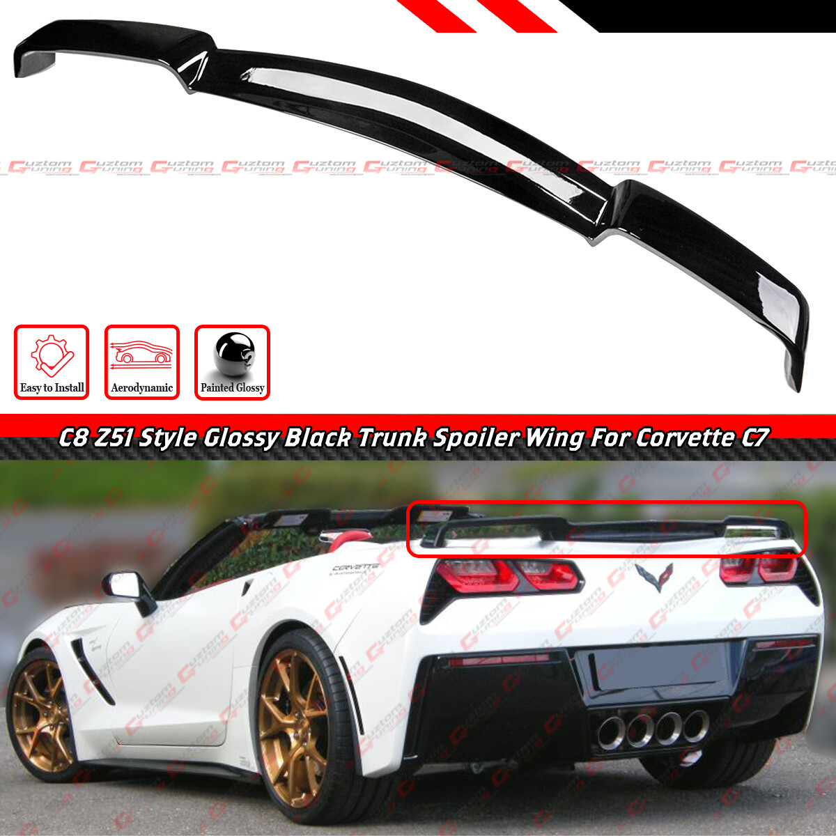 For 14-19 Corvette C7 Stingray Gloss Black C8 Z51 Style Rear Trunk