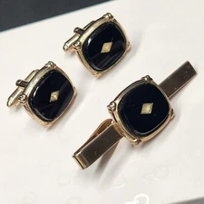 Vintage cufflinks tie bar black gold square bullet back clip set formal prom