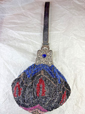 Antique Victorian Floral Beaded Wristlet Purse and Filigree Frame w/Blue Jewel