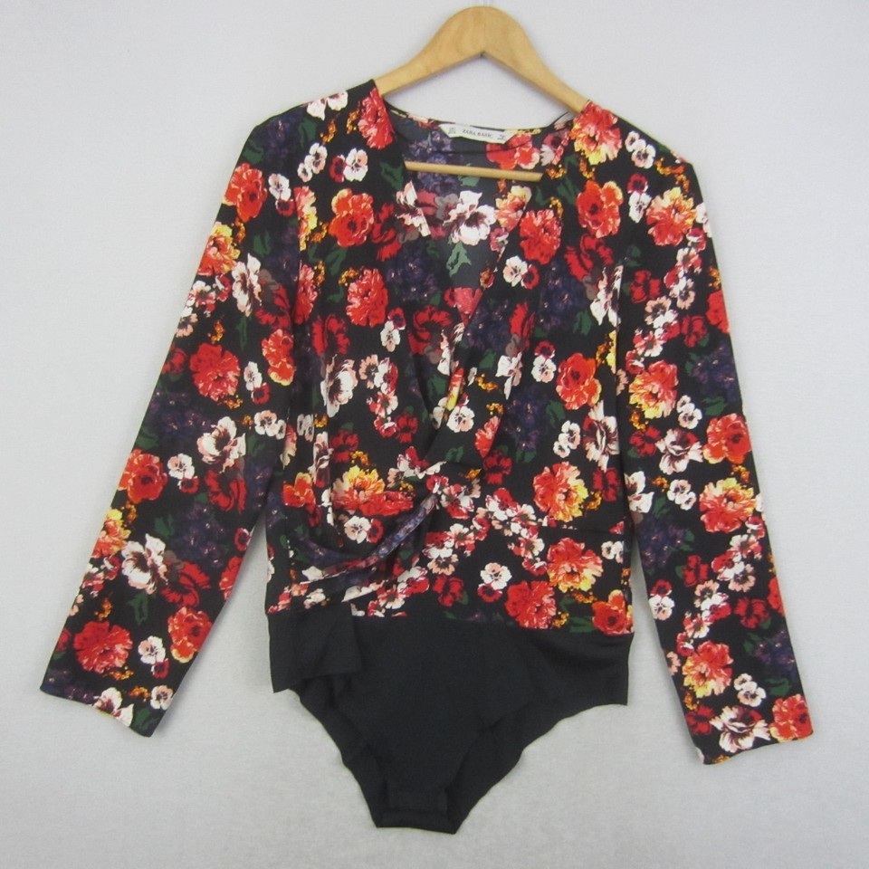 Zara Basic Top Womens Large Black Red Floral Long Sleeve Bodysuit Stretch Blouso