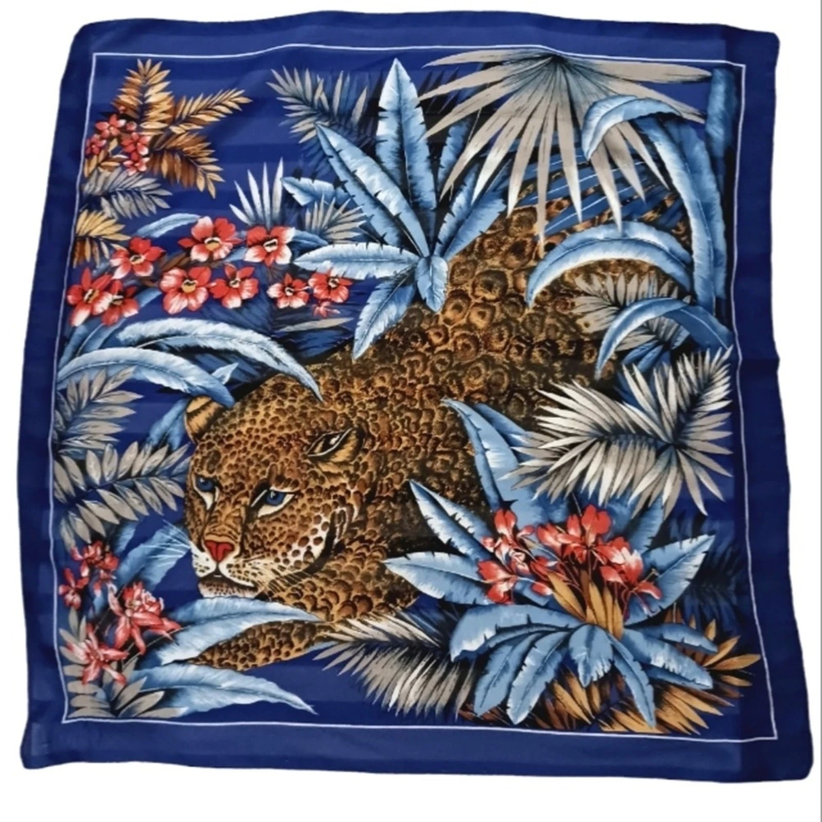Leopard Scarf 29x29 Cotton Cheetah Jungle Tropical Blue Exotic Designer Vintage