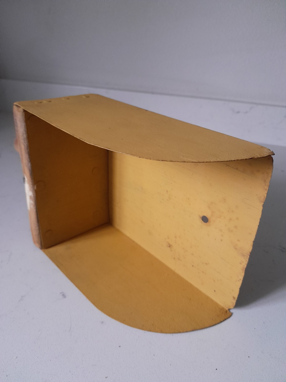 Antique Primitive Feed Scoop Yellow Metal with Aged Wooden Handle Farmhouse 