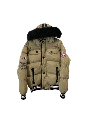 Geographical Norway Expedition Men's Hooded Puffer Jacket Fur Trim Beige S