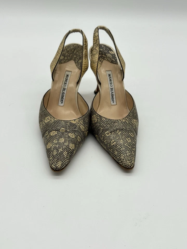 Manolo Blahnik Carolyne Mujer 37 EE. UU. 6,5 Cordones Marfil Lagarto Punta Tacones Foto 2 de 4