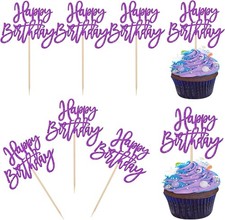24 PCS Glitter Happy Birthday Cupcake Toppers - Purple Cupcake Picks for Cele...