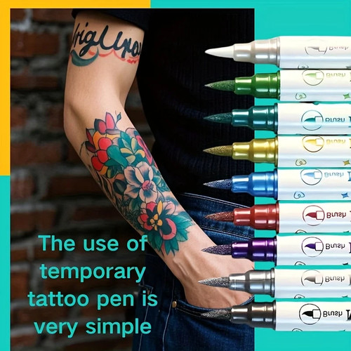 Temporary Skin Tattoo Pen with 10 Colors,Long-Lasting Colors,Dual-Ended Design - Picture 5 of 13