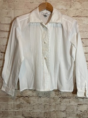 Vintage Laura & Jane Top Womens 4 White Coquette Pleated Rosette Buttons Boxy