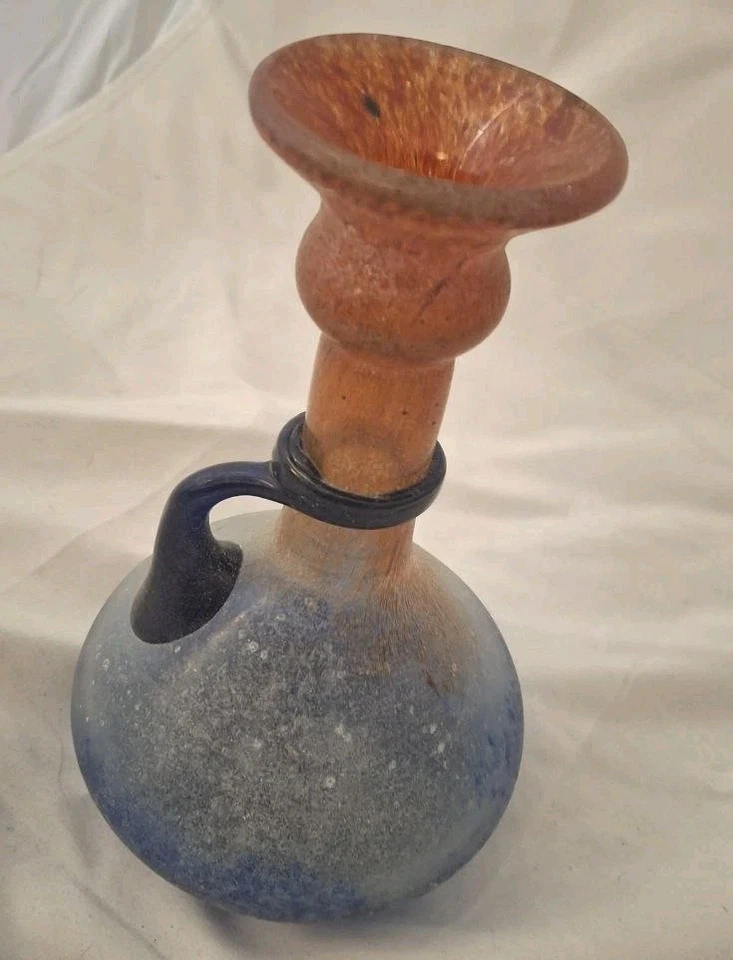 Vtg LAFIORE Scavo Textured Roman Style Blue Red textured Glass Ewer Cruet JUG  - Image 4 of 4