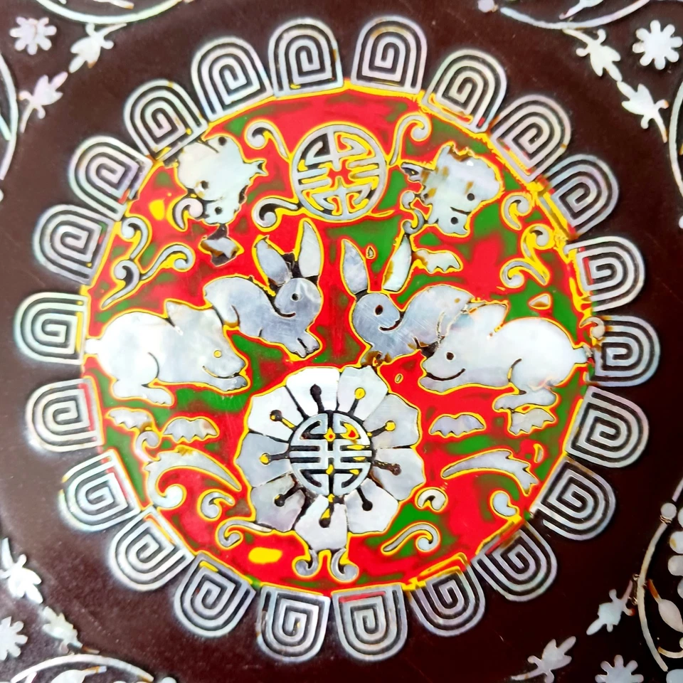 Chinese Lacquer Inlaid Mother of Pearl Rabbit Wood Box Sweetmeat Set 10" x 10” - Image 2 of 4