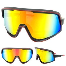 Oversize RETRO SPORTY WRAP AROUND Shield SUN GLASSES Large Black Frame Gold Lens