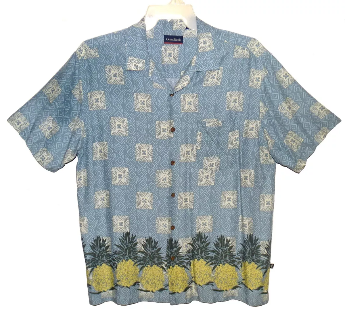 Sz L Ocean Pacific Hawaiian Aloha Shirt Pineapple Tribal Light Blue Mult Viscose