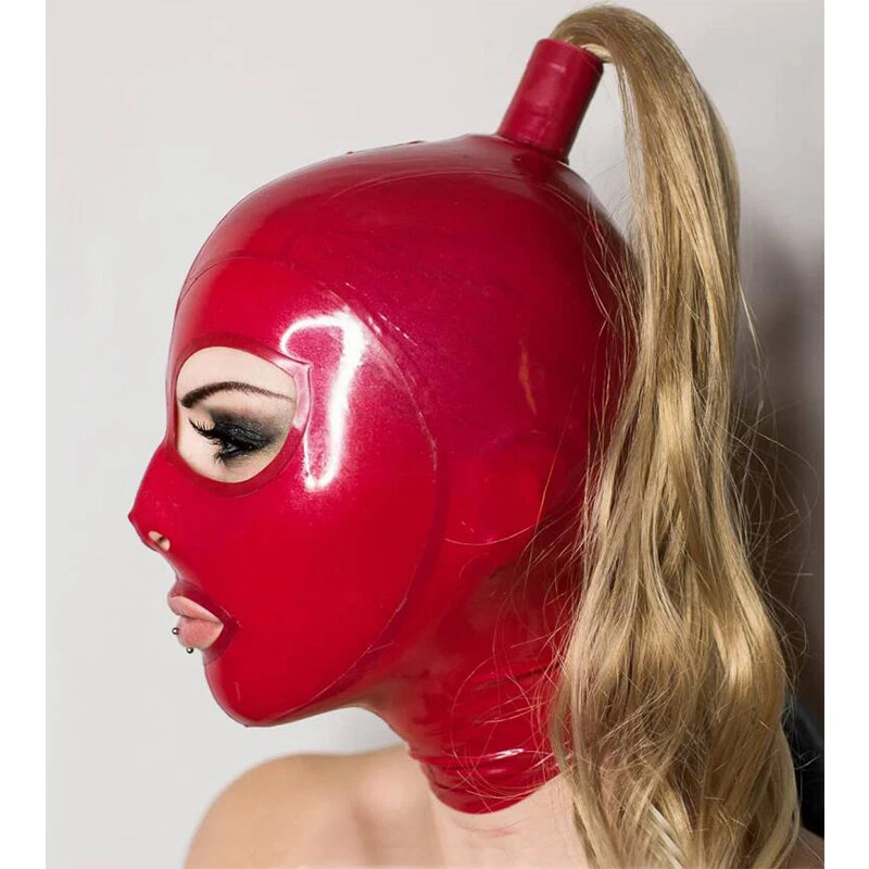 Latex Hood with Blond Pigtail Back Zipper Rubber Mask with Golden Wig Cosplay - Image 2 of 4