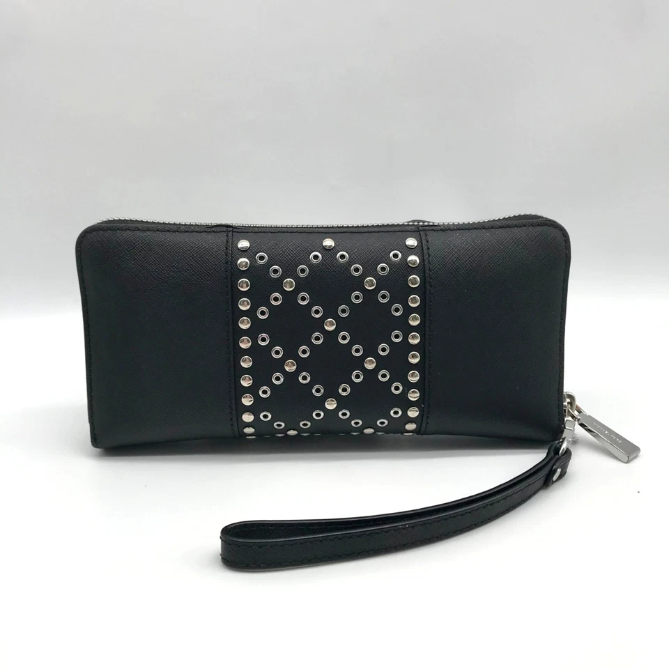 Бумажник с ремешком Michael Kors черный сафьяновая кожа с заклепками на молнии вокруг - Изображение 2 из 4