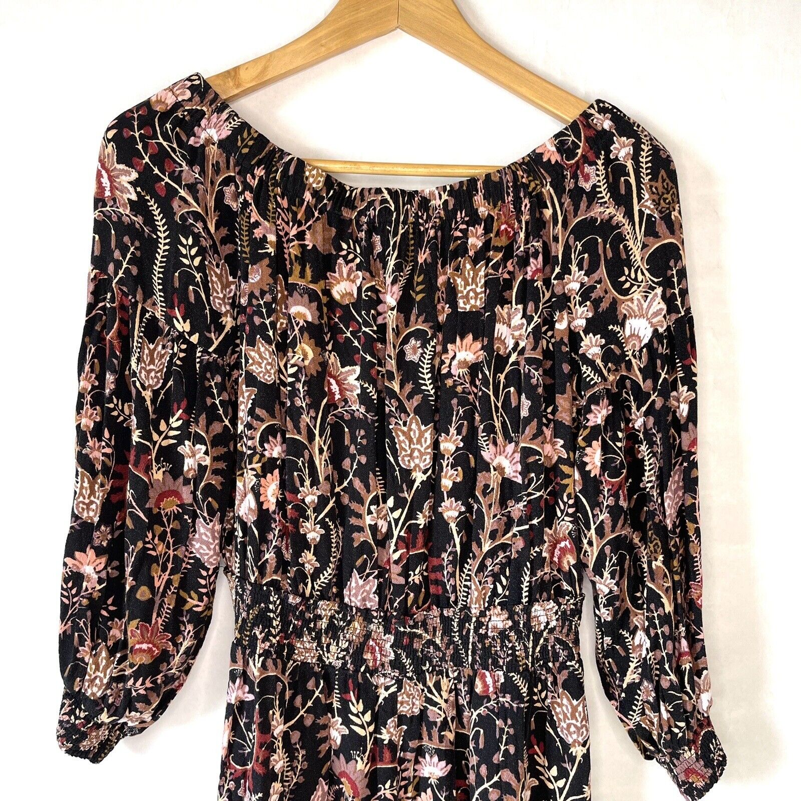 Free People Pretty and Free Black Floral Smocked … - image 3