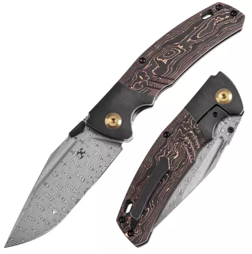 Kansept Knives Folding Knife 3.63" Damascus Steel Blade Titanium/Carbon F Inlay