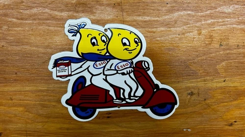 Vintage Esso Oil Drop Girl Boy Scooter Vespa Porcelain Gas Station Sign