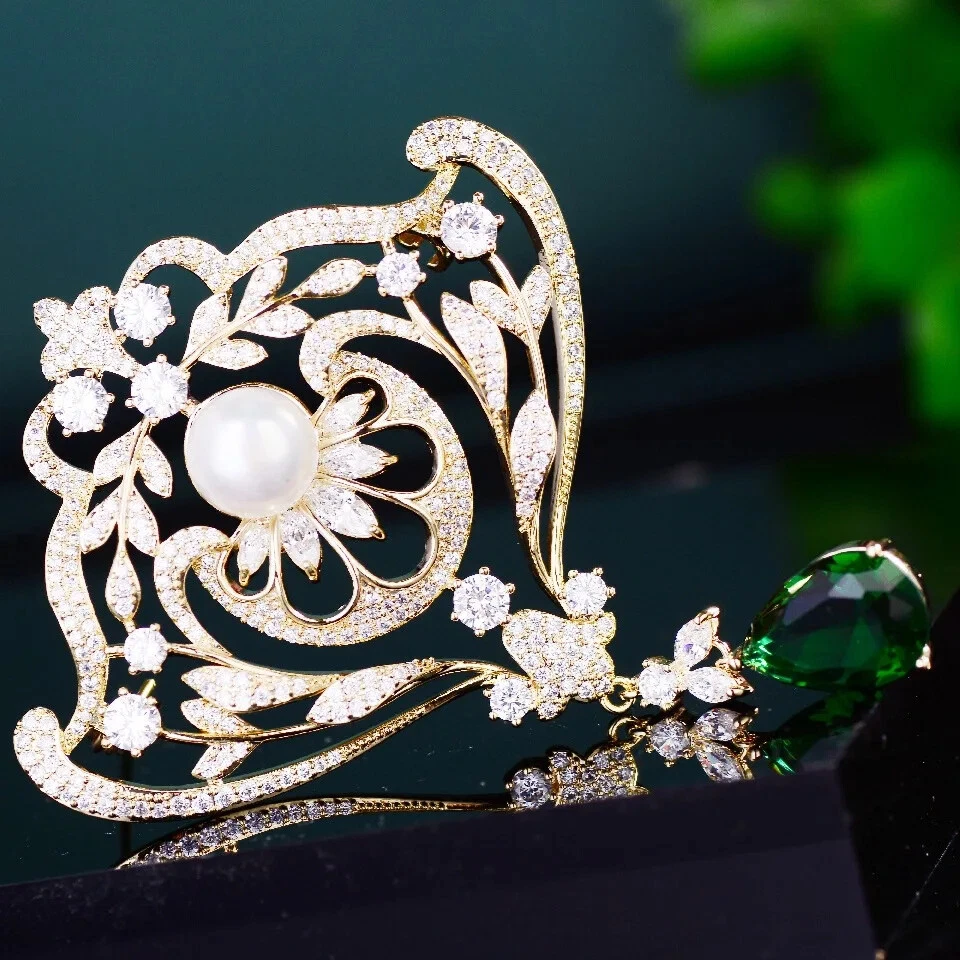 Broche de perlas corona de lujo prendedor de cristal verde otoño acción de gracias joyería regalo mujeres Foto 4 de 4