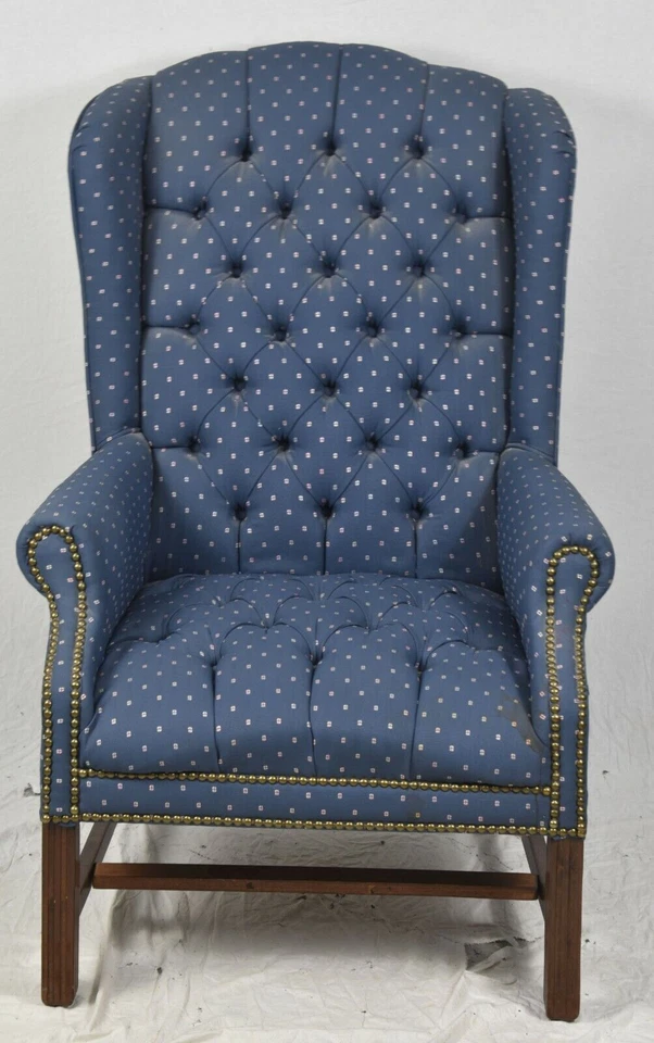 Par de sillones Chippendale de caoba de diseño acolchado sillas de ala tela azul Foto 4 de 4