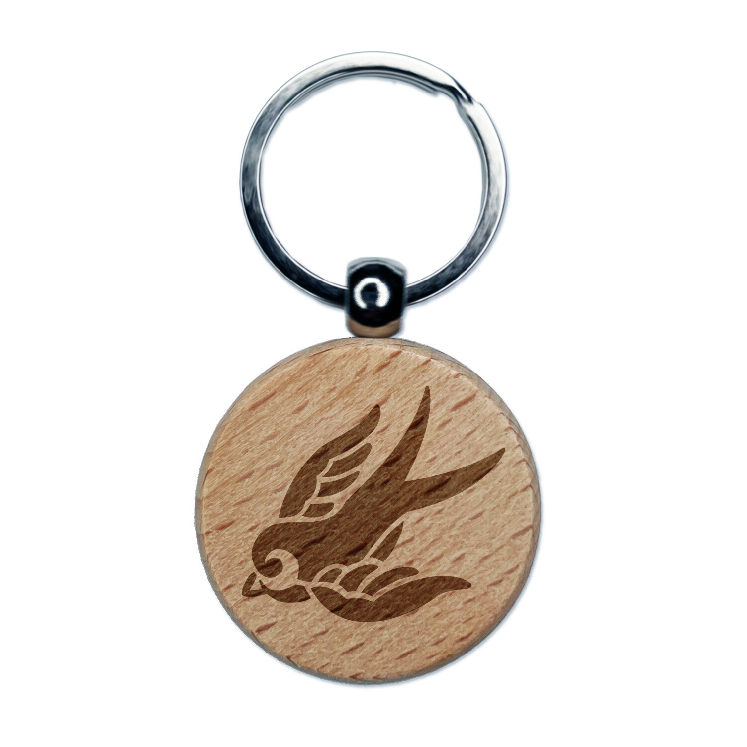 Sweet Flying Swallow Nautical Tattoo Engraved Wood Round Keychain Tag Charm