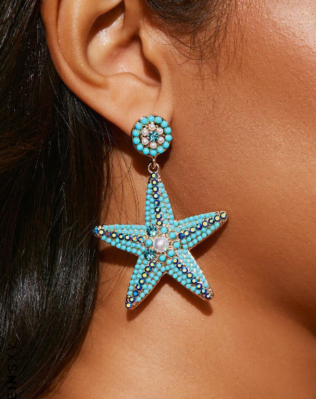 Big Blue Starfish Earrings Drop Dangle Beaded Stud Vacation BOHO