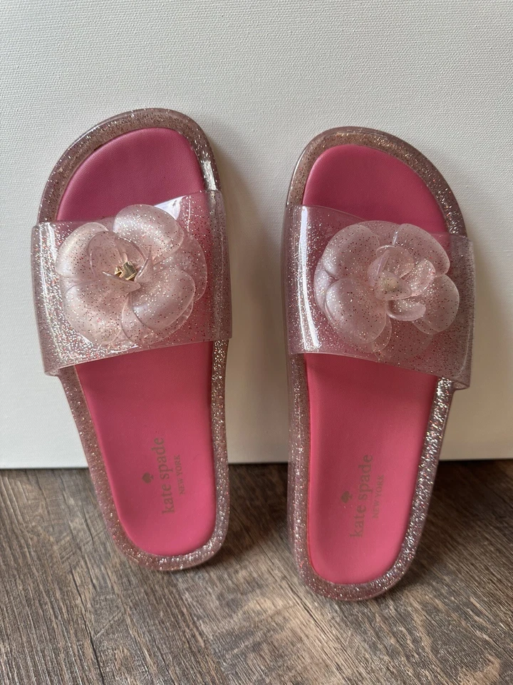 Sandalias Kate Spade NY Rosa y Dorado Brillo Salpicaduras Flor Jalea Talla 8 Foto 2 de 4