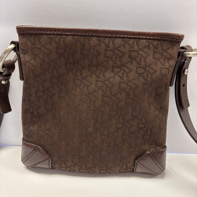 DKNY Signature Logo Canvas & Leather Crossbody Bag Purse Brown Adjustable Strap