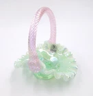 Fenton Glass Pink Handle Miniature Basket Iridescent Green Opalescent w Sticker