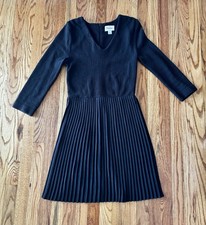 Ganni Fulton Dress  Size Small Cross Knit V-neck Stretch Pleats 3/4 Slv Black