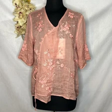 Hand embroidered semi sheer pink Asian wrap top NWT Size Large Singapore Artisan