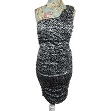 Ruby Rox Bodycon Dress Womens XL Leopard One Shoulder Ruched Silver Black