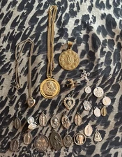 Vintage Religious Lot Of 26 Items, Crosses Necklaces Medals Pendants Pins