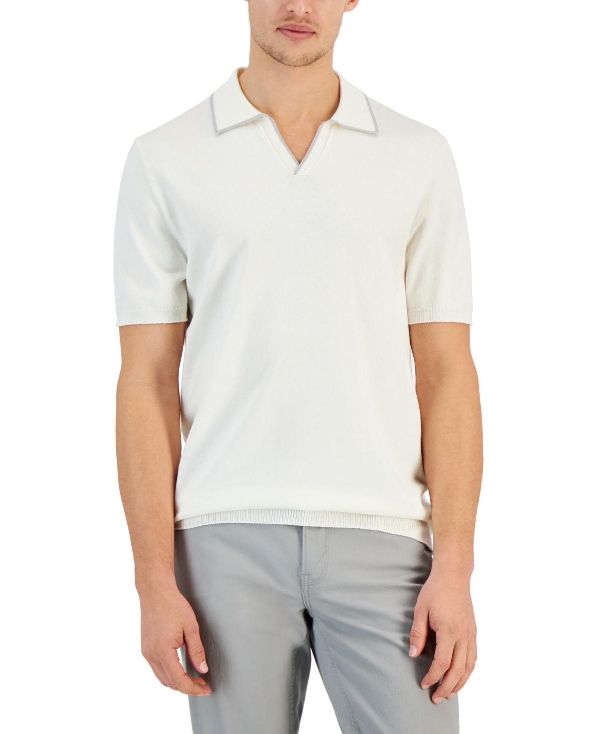 Alfani Men's Short Sleeve Open-Collar Polo Sweater - Vanilla XL