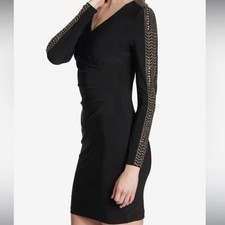 NWT Guess Ruched Little Black Dress Gold Studs Date Night Out Form Fitting Sz 4