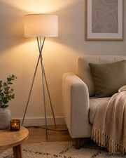 Tripod Floor Lamp Grey Chrome Fabric Shade E27 LED Modern Standing Light 150cm