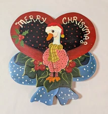 VTG Wood Hand Painted Merry Christmas Primitive Country Wall Decor Goose 1985