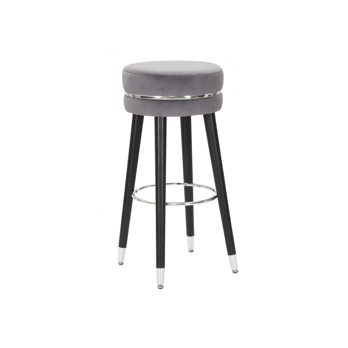 Tabouret de bar design Paris en velours gris et pieds en métal argenté de 74cm