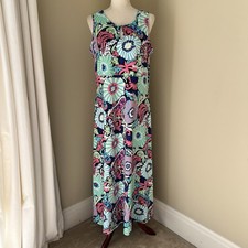 Talbots Maxi Dress Sz 1X Filigree Floral Colorful Stretch Sleeveless Vacation