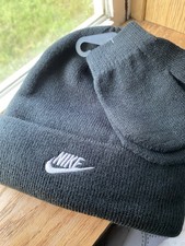 Nike Black Knit Beanie Hat Embroidered White Swoosh Logo One Size