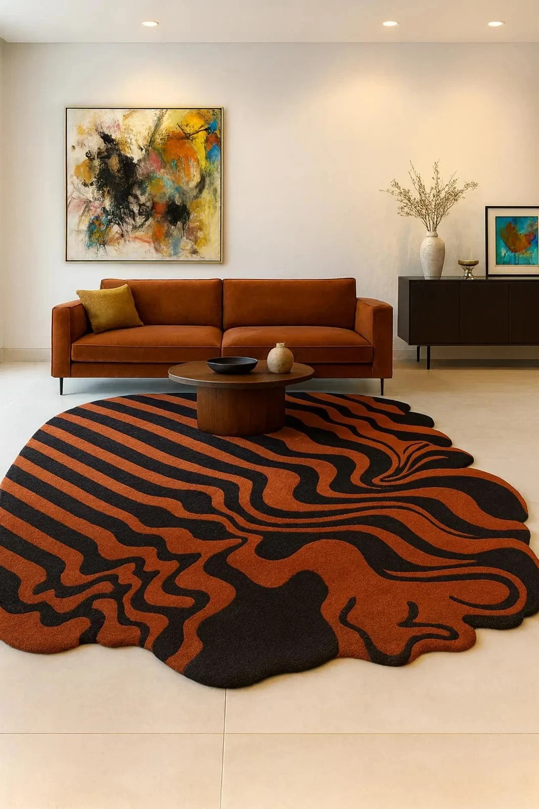 Modern Abstract Hand Tufted nz wool, Cotton, wool Rug Color Black & Orange
