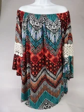 WinWin Womens Size L / XL Tunic Multicolor Geometric Tribal Off Shoulder Blouse