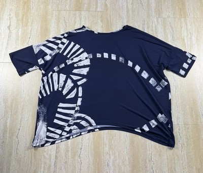Clara Sun Woo Womens M Asymmetrical Tunic Top Navy Blue White Abstract Print 