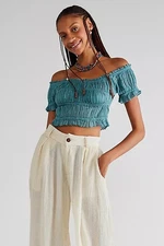 Free People FP One Cheri Top Smocked Cropped Sea Water Off The Shoulder L NEW