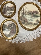 3 interiores de hogar vintage Homco oro ovalado enmarcado imagen cabaña arroyo abuela